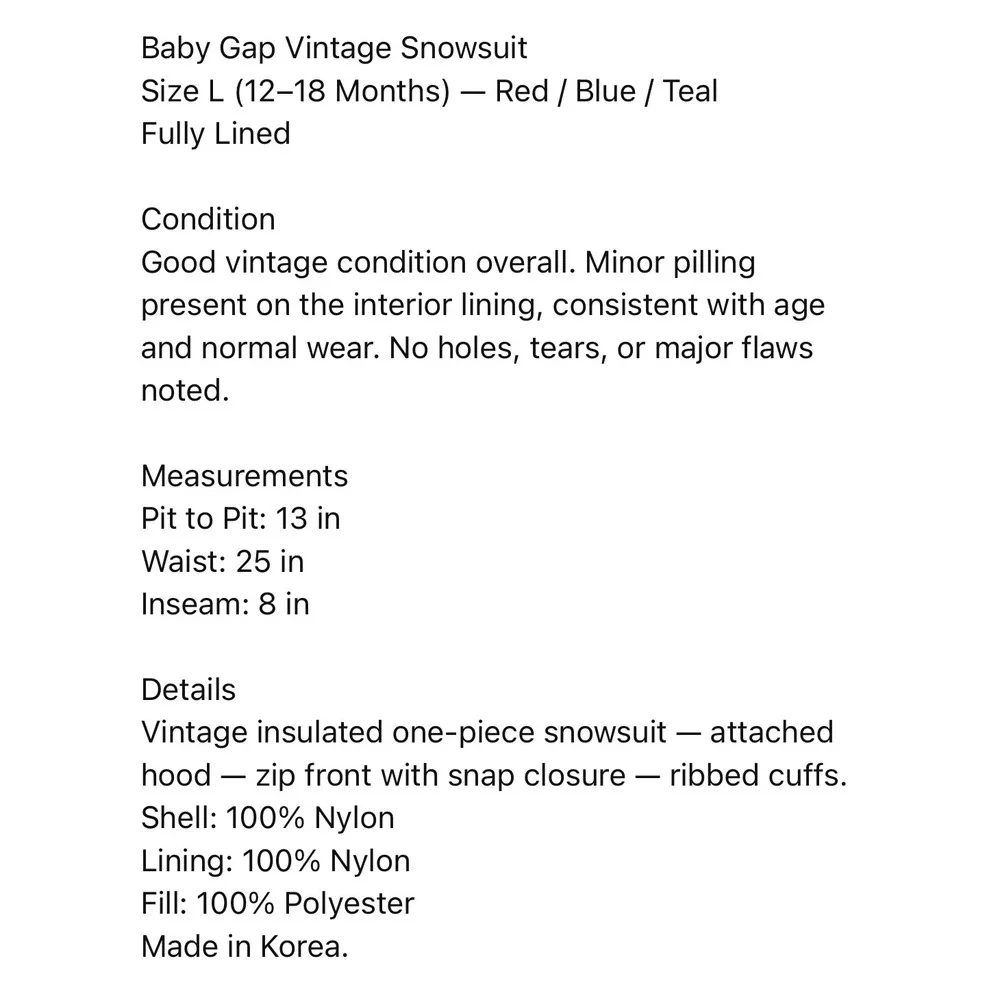 Baby Gap Vintage Insulated Snowsuit 12–18M Colorblock Red‎ Blue Teal Hooded